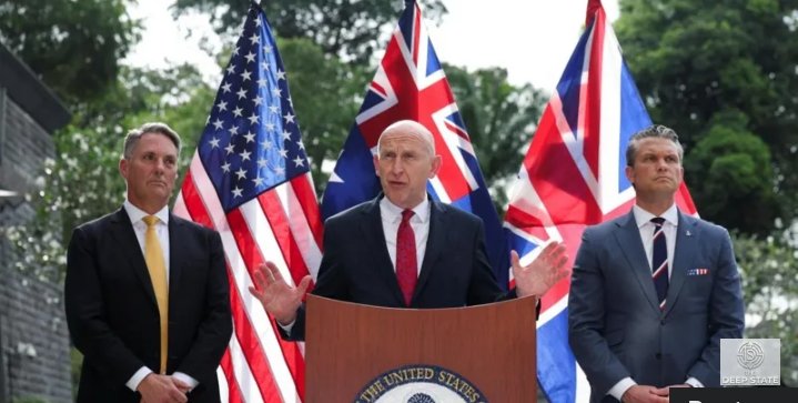 Defence leaders John Healey (UK), Richard Marles (Australia), and Pete Hegseth (US) speak during a joint press conference at the Shangri-La Dialogue in Singapore